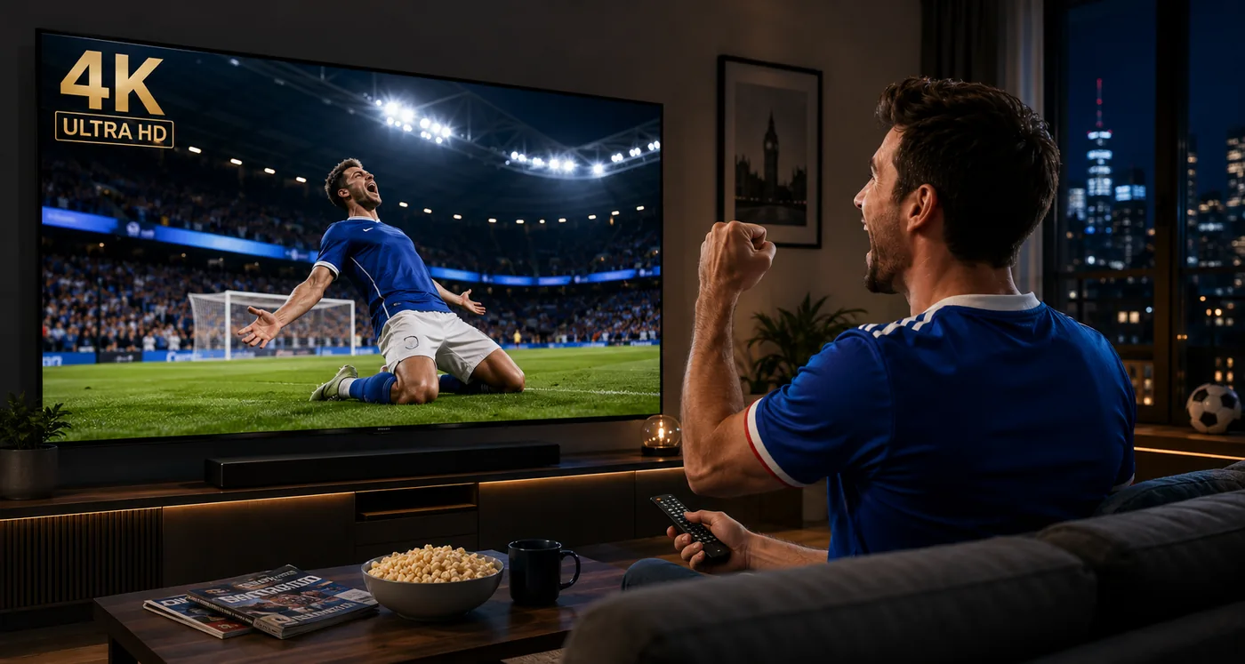 A British football fan celebrating a goal while watching live sport in 4K Ultra HD on IPTV UK