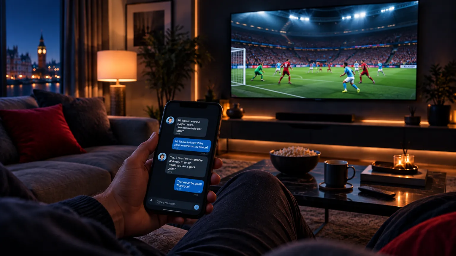 Live football on a smart TV in a UK living room while a viewer messages support on a phone during an IPTV free trial