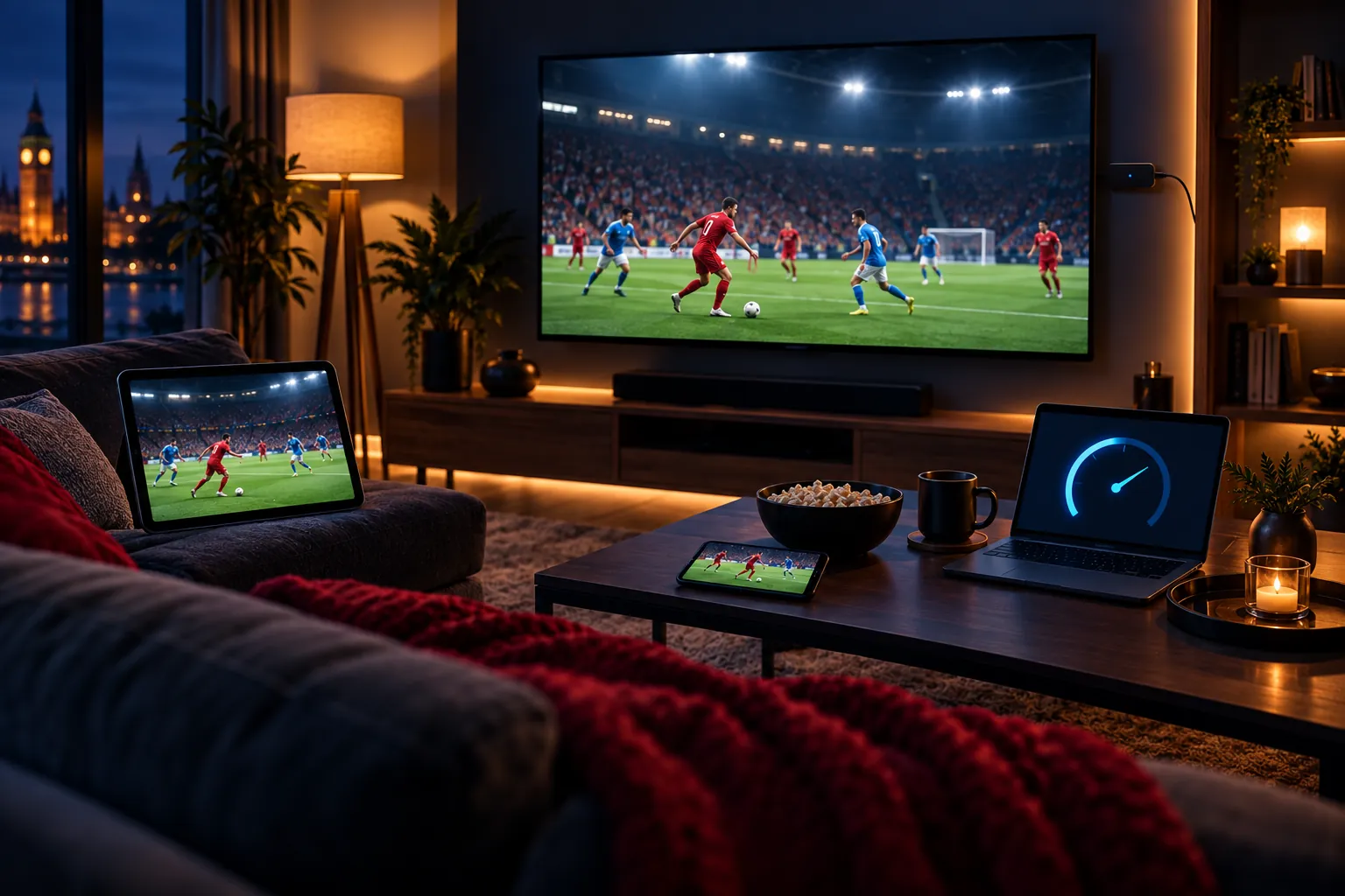 The same live match playing on a smart TV, tablet and phone, with a connection speed test open on a laptop
