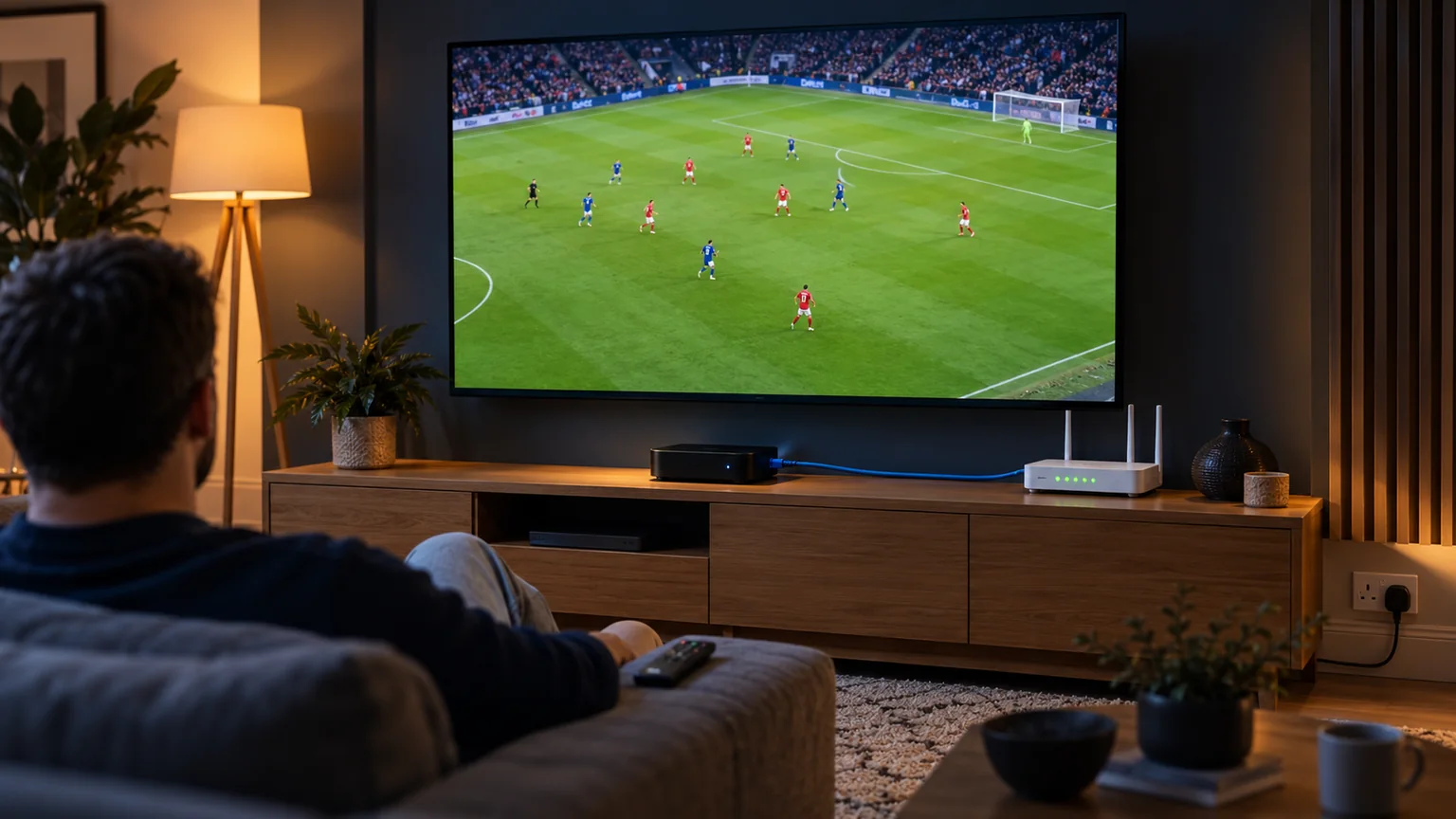 A streaming box connected to a broadband router by an Ethernet cable under a TV showing a live football match, the most effective fix for IPTV buffering