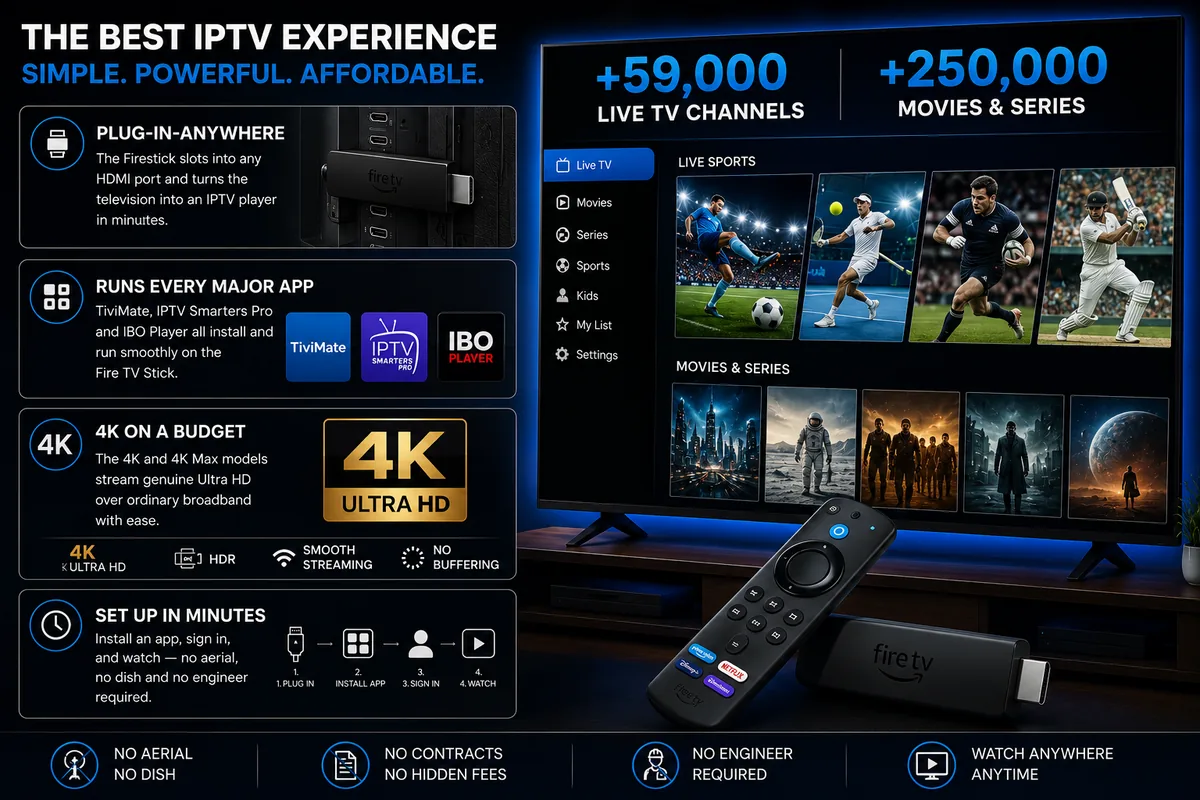 Why the Amazon Fire TV Stick is the best IPTV experience — plug in anywhere, run every major player app including TiviMate, IPTV Smarters Pro and IBO Player, stream genuine 4K Ultra HD, and set up in minutes.