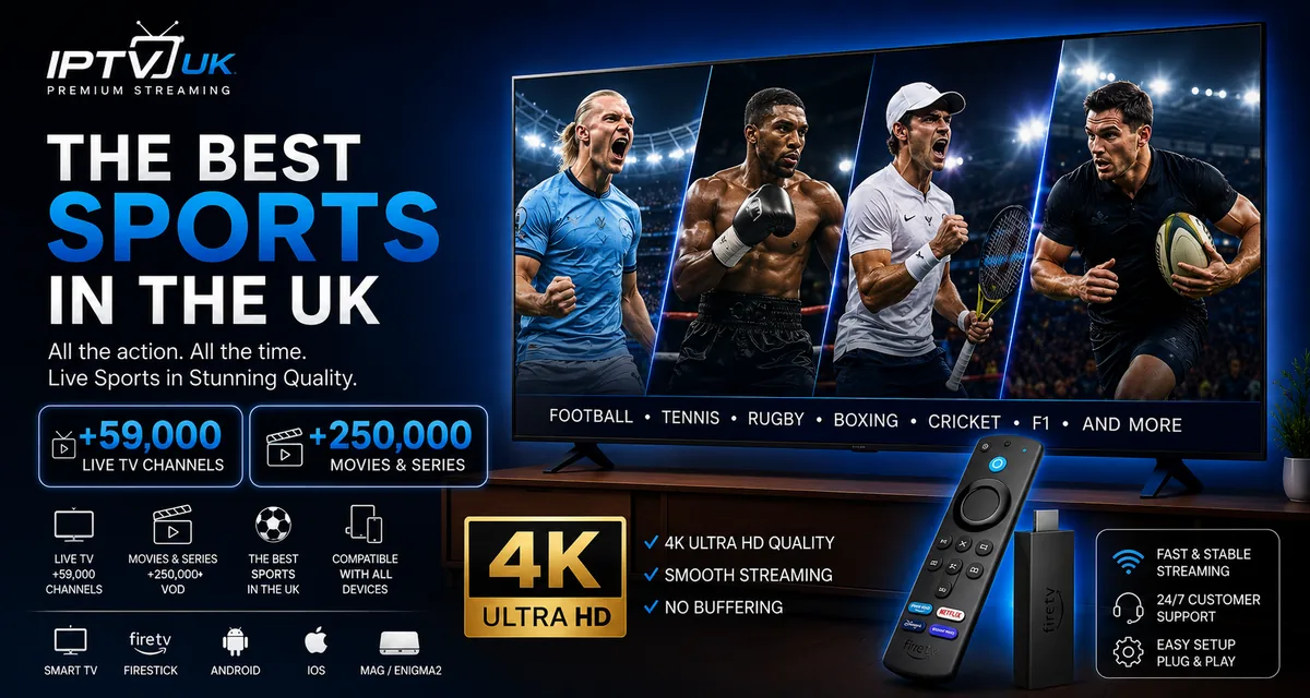 The best sports in the UK on an IPTV Firestick — live football, tennis, rugby, boxing, cricket and Formula 1 in 4K Ultra HD, compatible with Smart TV, Firestick, Android, iOS and MAG/Enigma2 devices.