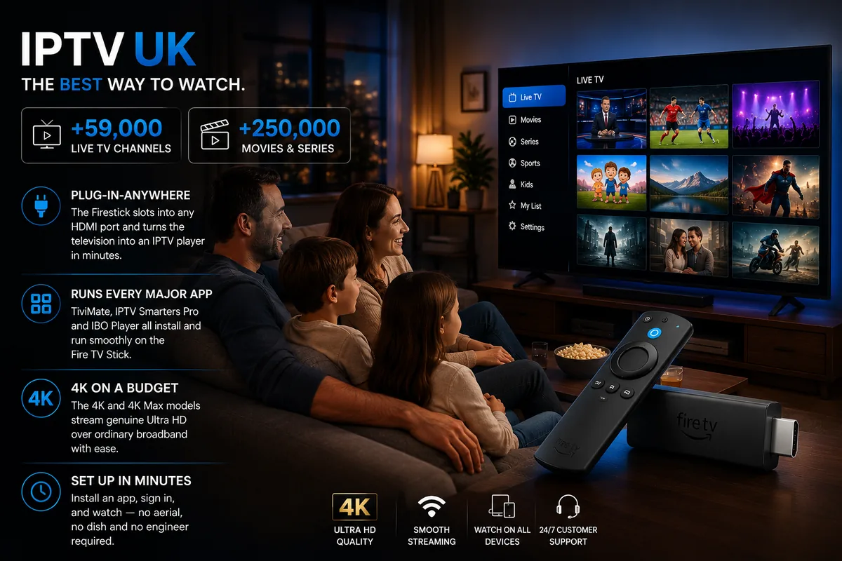 IPTV UK on a Fire TV Stick — the best way to watch, with a family enjoying live TV, movies and series; plug in anywhere, run every major app, stream 4K on a budget, and set up in minutes.