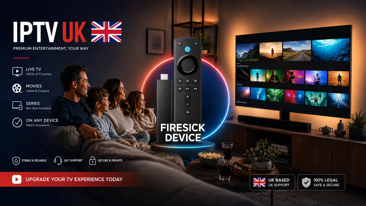 IPTV UK on an Amazon Fire TV Stick — premium entertainment for the whole family, with thousands of live TV channels, the latest movies, box-set series and 4K streaming on any device.