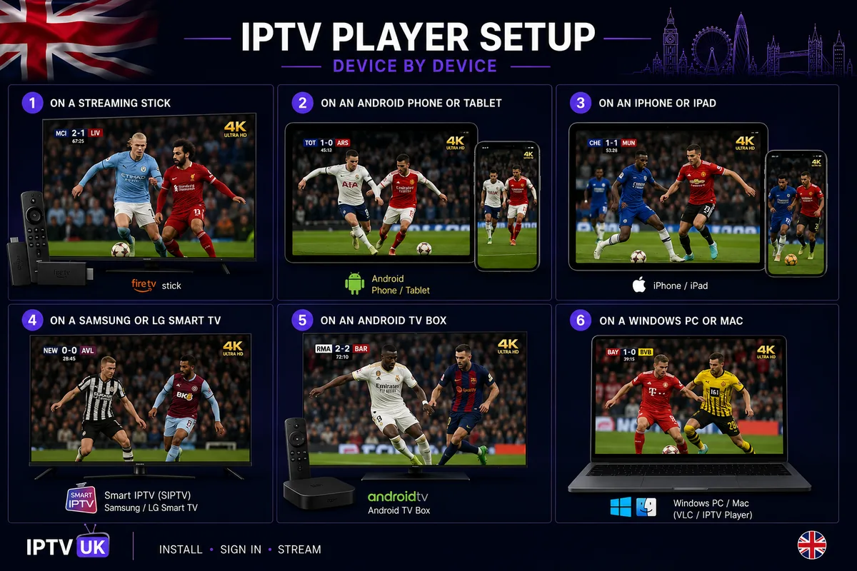 IPTV player setup device by device — a streaming stick, an Android phone or tablet, an iPhone or iPad, a Samsung or LG Smart TV, an Android TV box, and a Windows PC or Mac, each streaming live football in 4K Ultra HD.