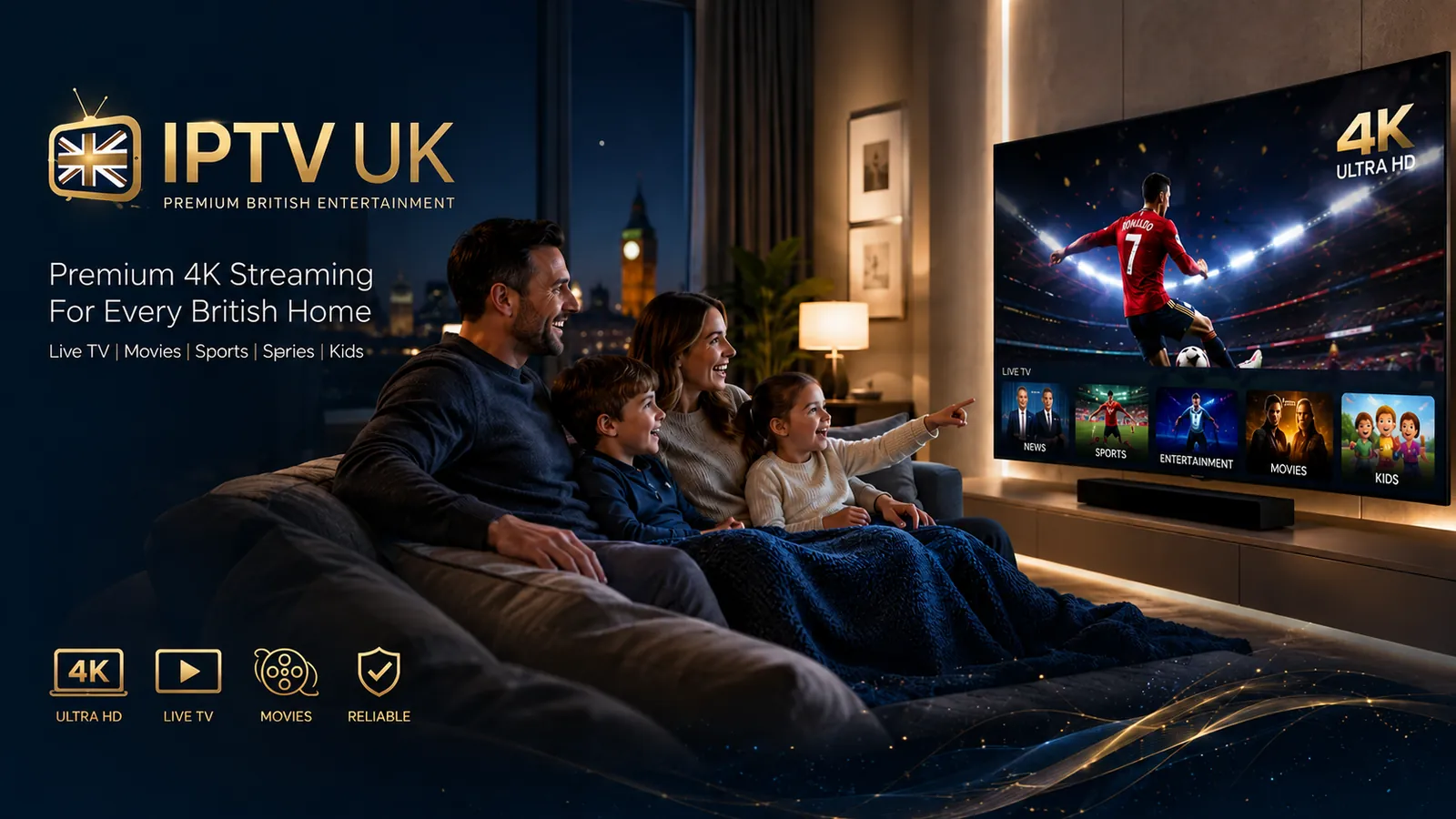 IPTV UK premium 4K Ultra HD streaming for British homes — a family watching live sport on a Smart TV with Live TV, Movies, Sports, Series and Kids categories.