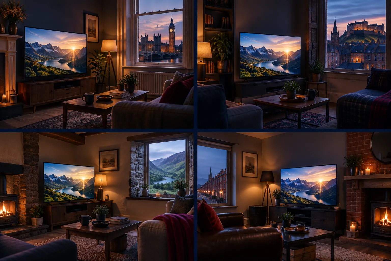 Four UK living rooms in London, Edinburgh, a Welsh valley and Belfast watching the same programme on their smart TVs