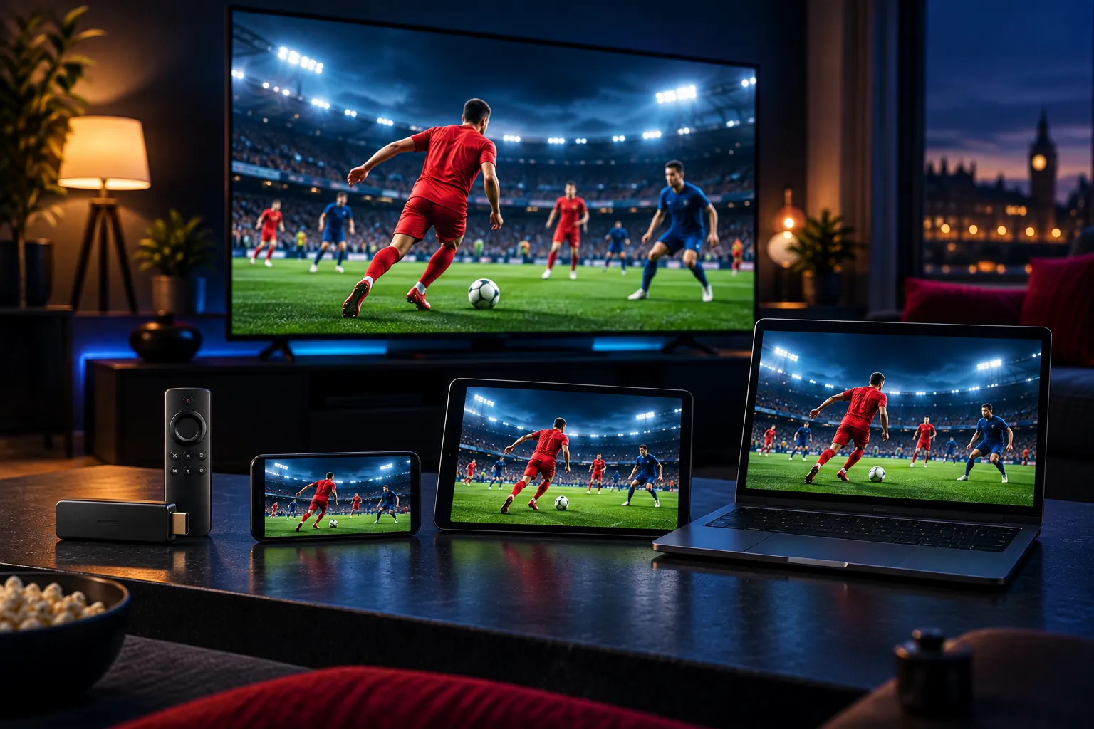 An IPTV stream playing on a smart TV, streaming stick, tablet, phone and laptop at the same time