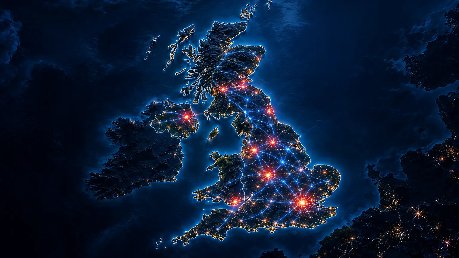 Night-time map of the United Kingdom lit by a streaming network across England, Scotland, Wales and Northern Ireland