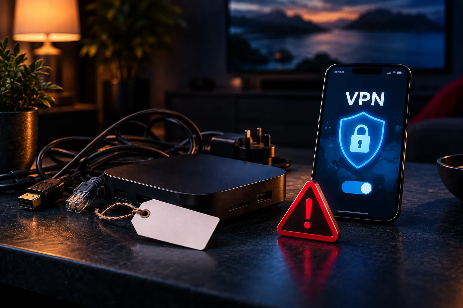 Warning signs of an unlicensed IPTV service: a pre-loaded streaming box with a blank price tag and a phone showing a VPN switched on