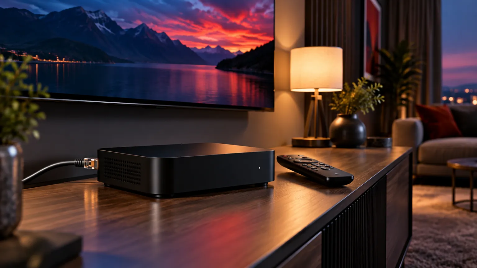 An IPTV set-top box connected by Ethernet cable on a TV unit, with its remote beside it