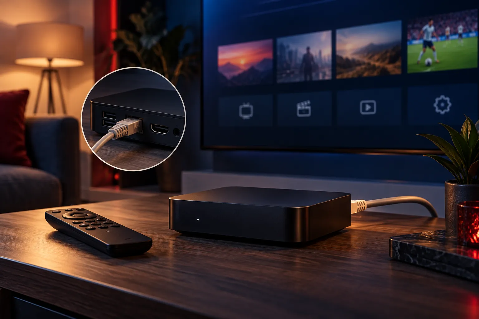 An Ethernet cable plugged into the back of an IPTV set-top box, with the TV showing a home menu
