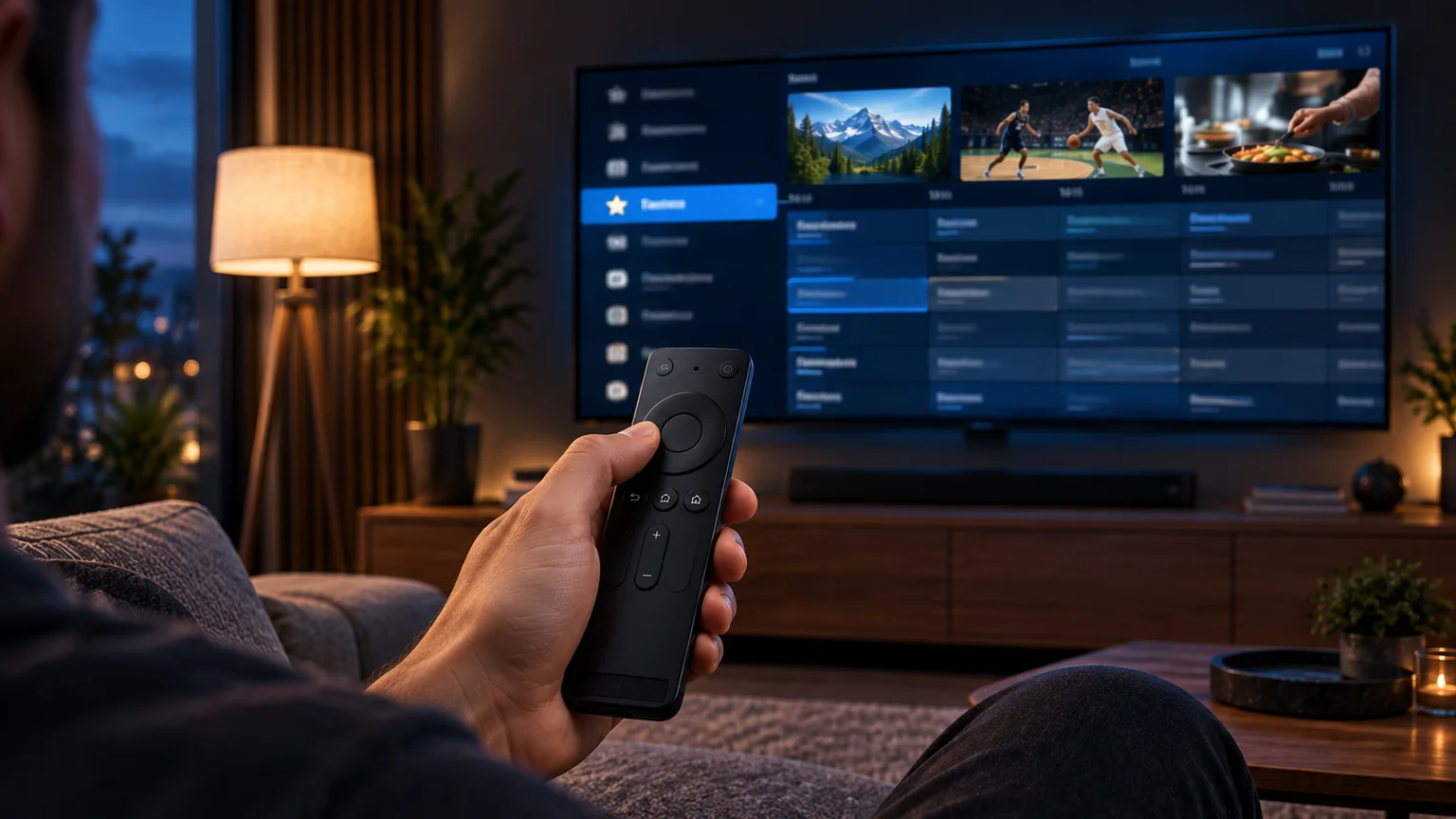 A viewer holding a TV remote while browsing an IPTV player's channel list and programme guide on a large smart TV