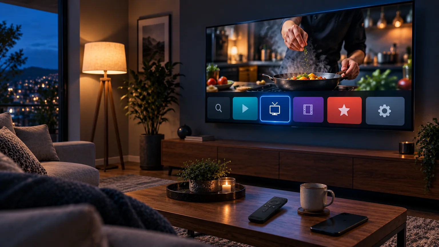 A smart TV in a living room at night showing an IPTV player menu over a cooking programme, with a remote and phone on the coffee table