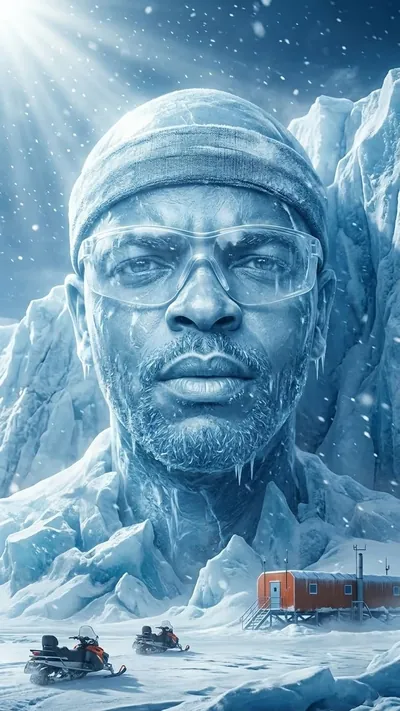 Arctic survival thriller poster — frozen explorer at a polar research base, on IPTV UK in 4K
